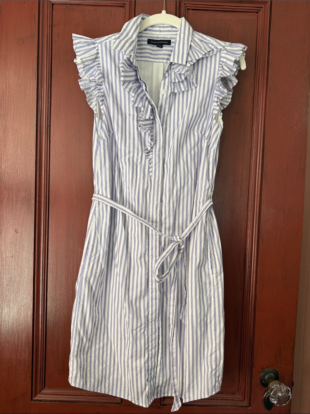 Banana Republic Blue & White Striped Ruffle Shirt Dress